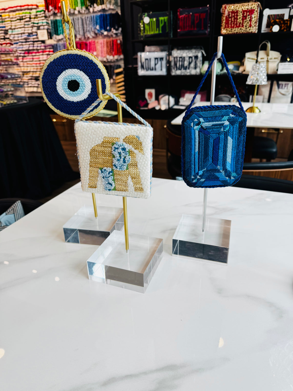 10" Acrylic Ornament Stand with Gold Rod, and Gold Hook