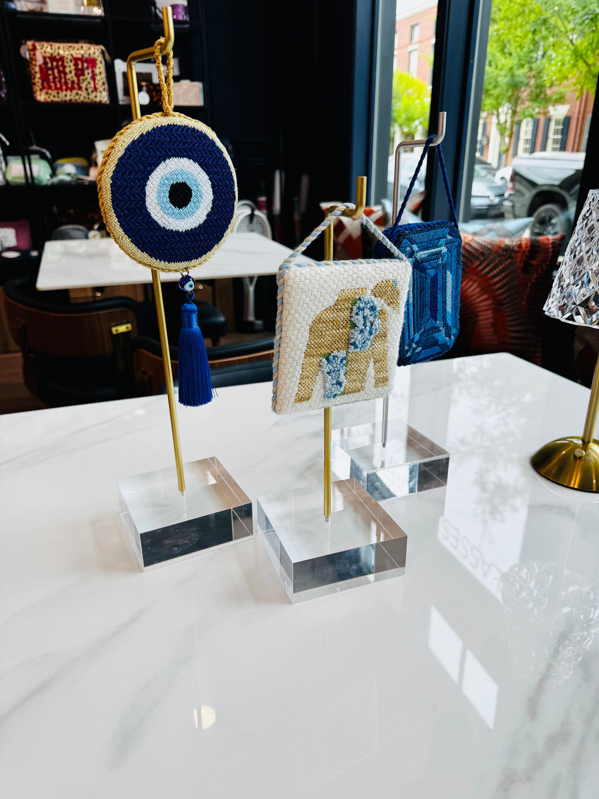 14" Acrylic Ornament Stand with Gold Rod, and Gold Hook