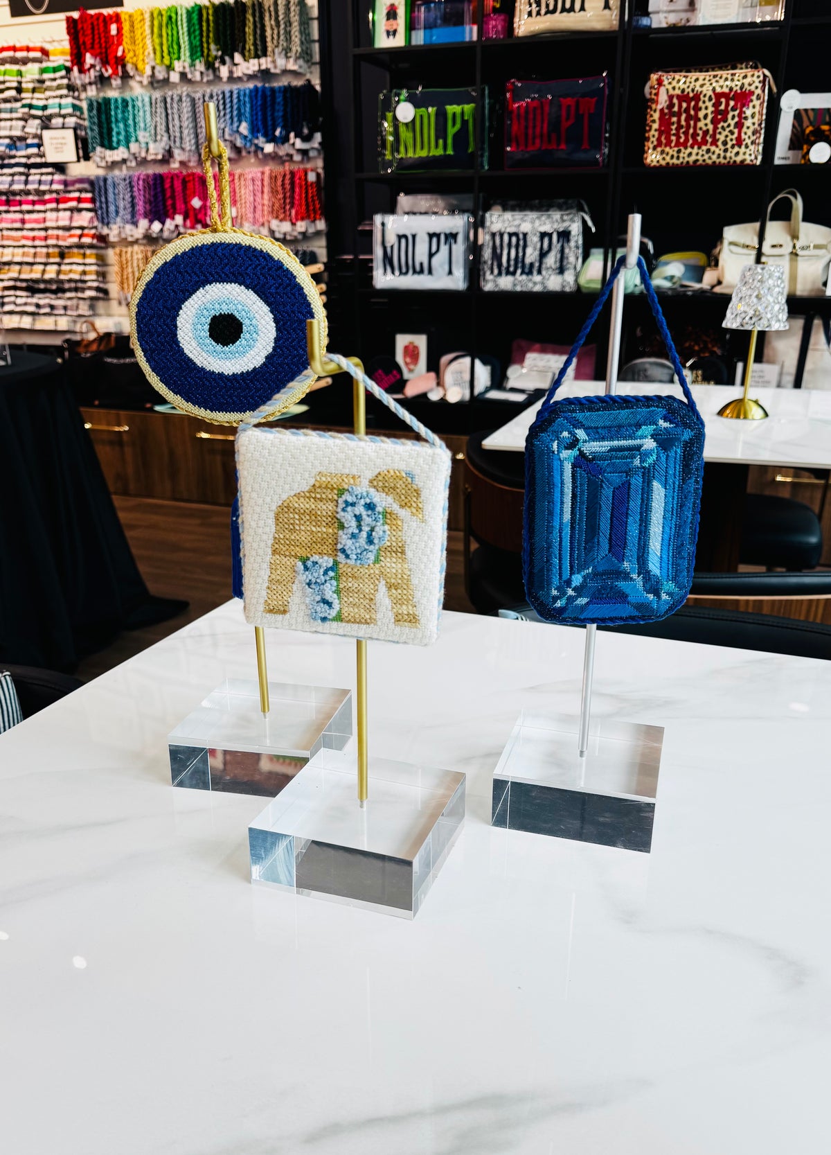 14" Acrylic Ornament Stand with Gold Rod, and Gold Hook